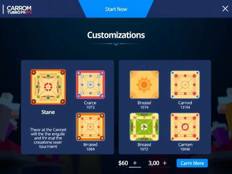 Carrom Turbo Pro Prodigy customization options showing different board designs